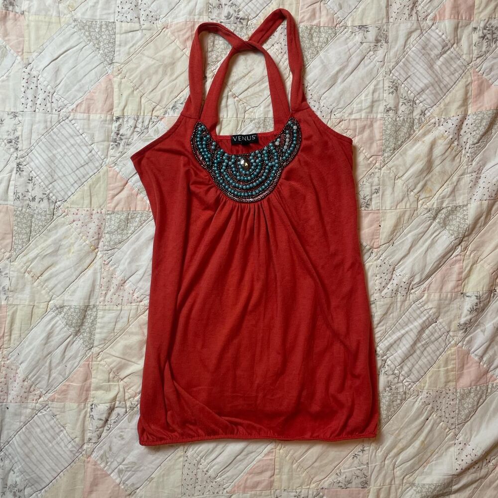venus y2k vintage red orange and teal beaded neckline cross tank top size small